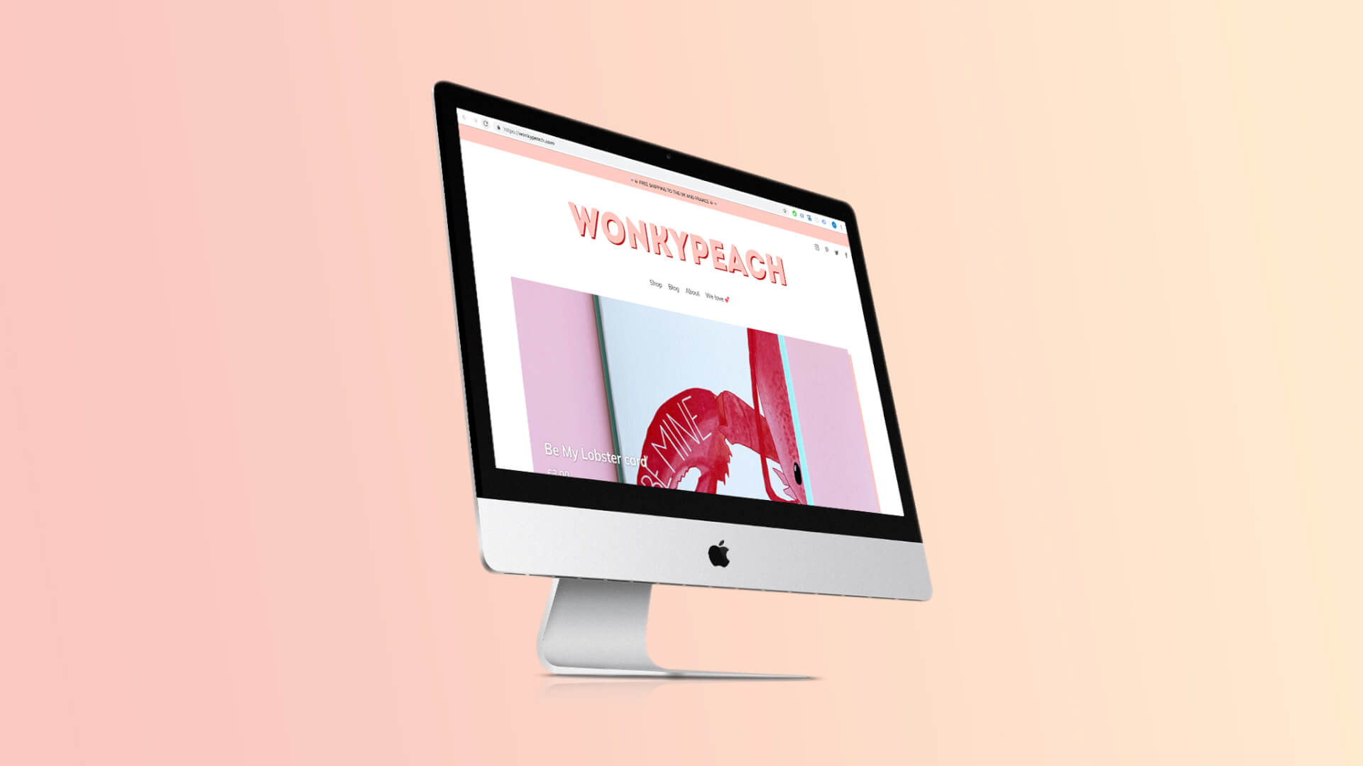 An image showing the new Wonkypeach website on an Imac. The page showing is the homepage.