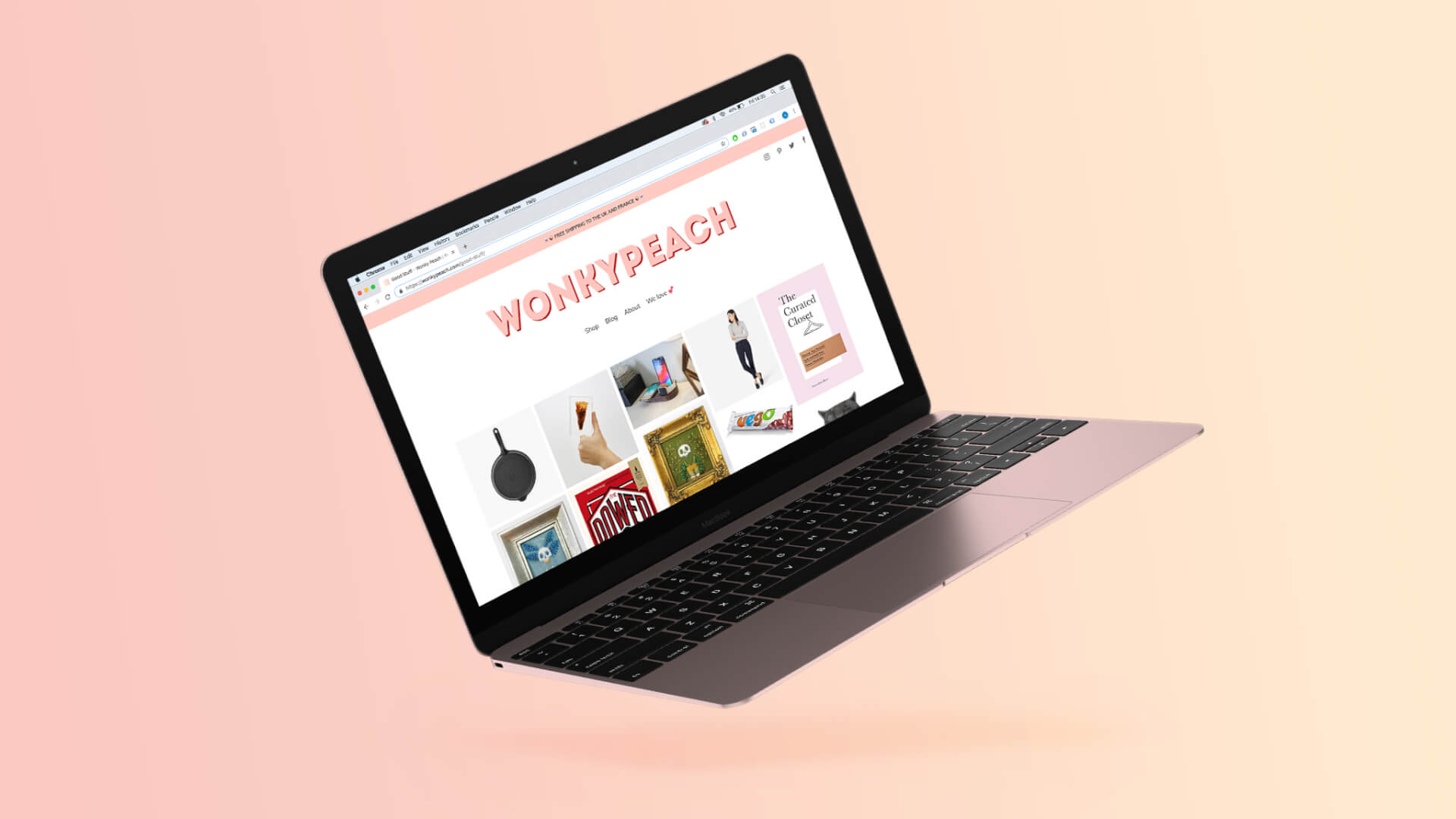 An image showing how the new Wonkypeach website looks on a Macbook Pro. The page it is showing is the 'We Love' page, that has a grid of different images linking to products that Wonkypeach loves.